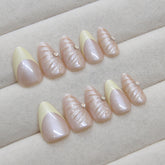 VIBEFICANT Glaze Nude Medium Almond Pastel Yellow French Tip Rhinestone Press on Nails